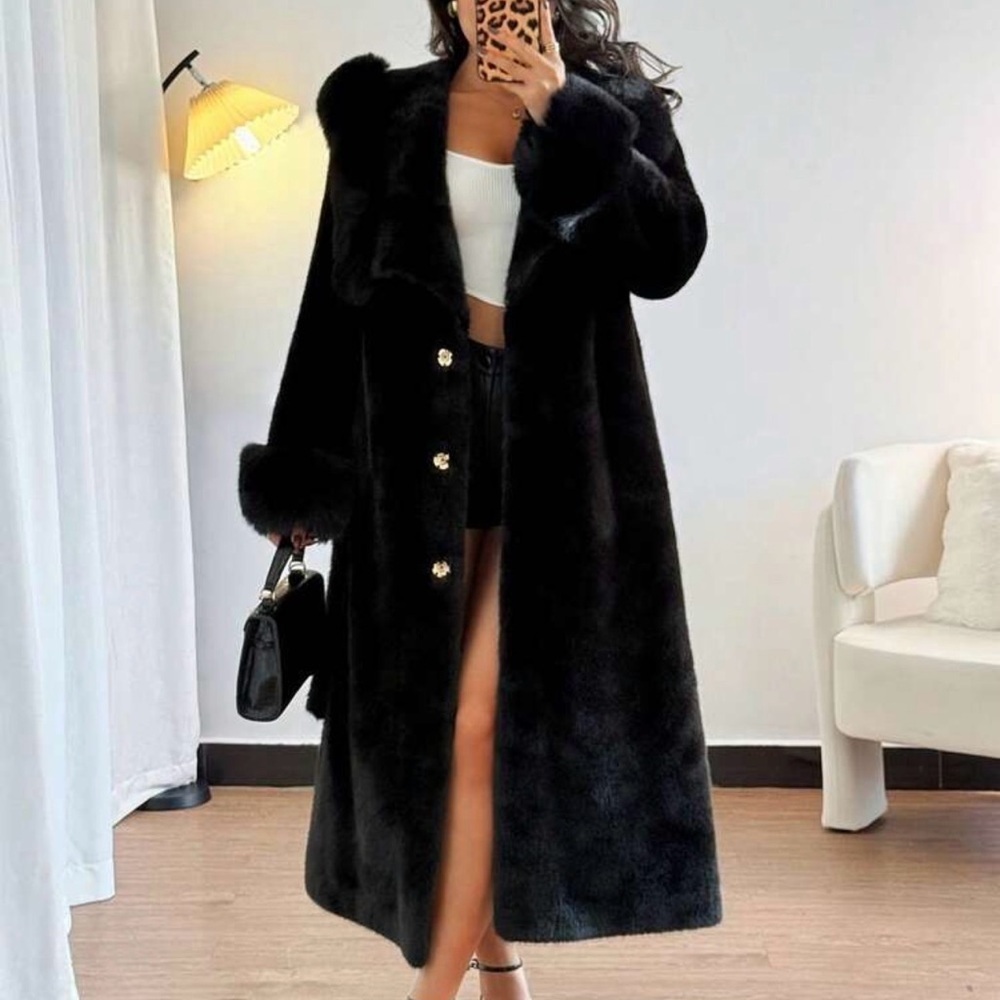 Elegant Black Faux Fur Long Coat - Luxury Women's Outerwear - Picture 6 of 6
